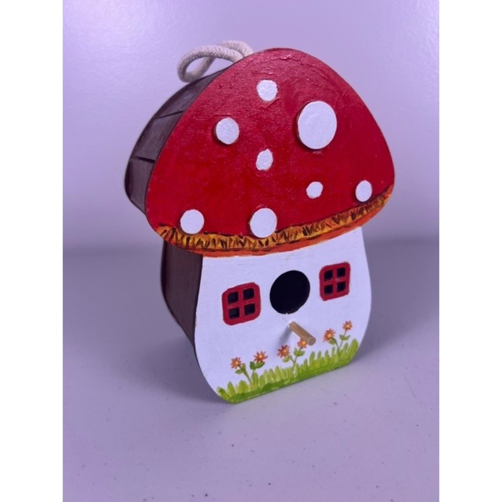 Hand Painted Wooden Mushroom Birdhouse Red Toadstool Cottagecore Garden Decor